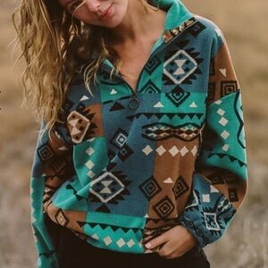 O’Neil Sierra pullover Sherpa blue green western xs NEW pullover fleece popover